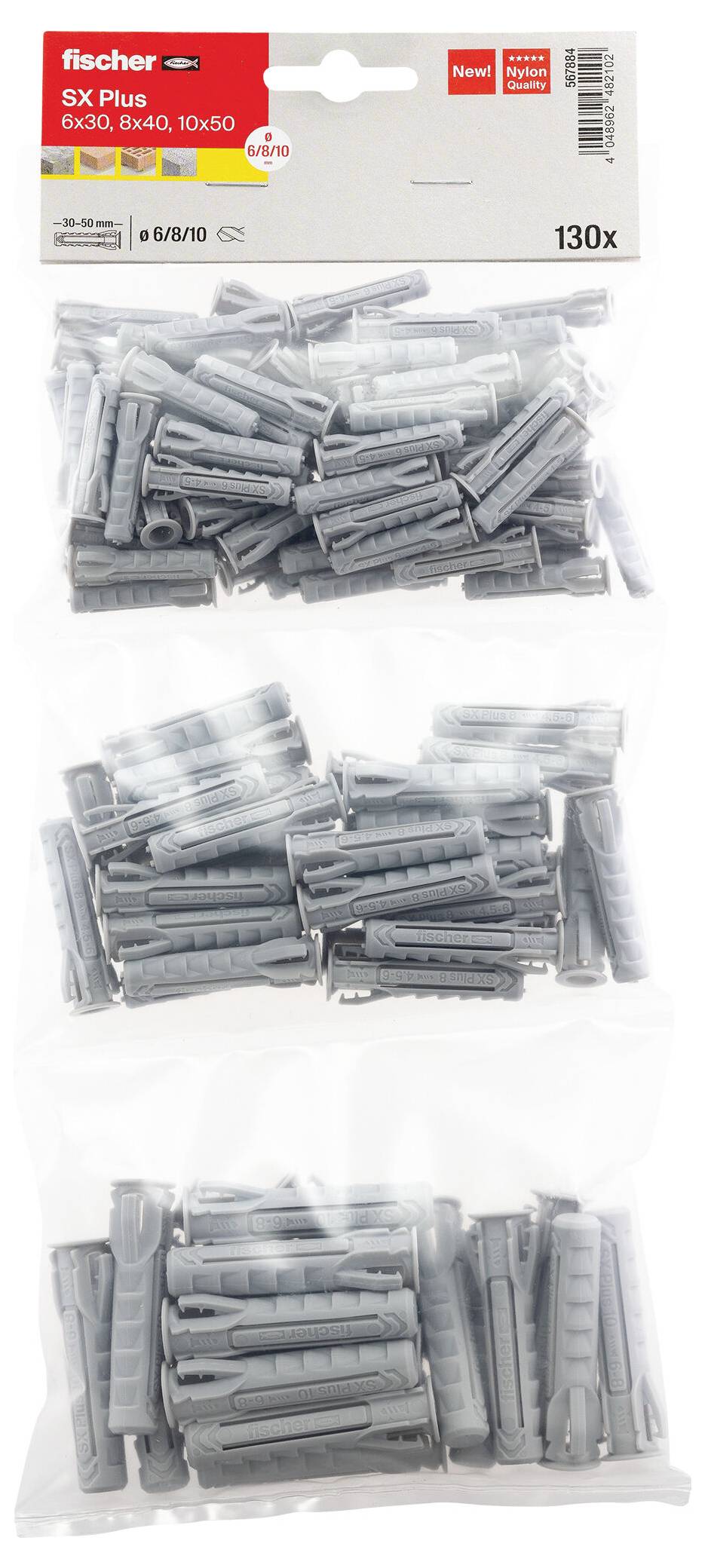 Packung mit Fischer SX Plus Dübeln, 130 Stück, gezeigt als drei Beutel mit grauen Kunststoffankern in verschiedenen Größen.