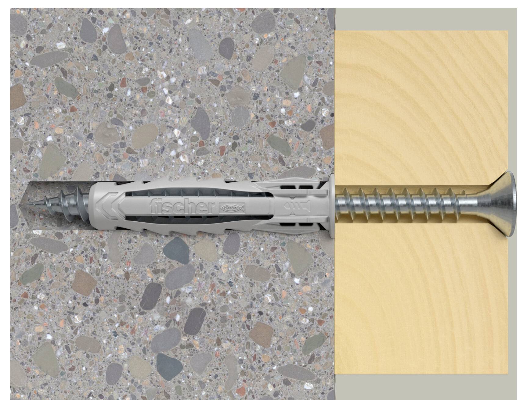 Gespaltenes Bild, das zeigt auf der linken Seite einen grauen Wanddübel in Beton und auf der rechten Seite eine Schraube, die in Holz eindringt, um einen Fischer-Dübel und eine Schraube zu veranschaulichen.