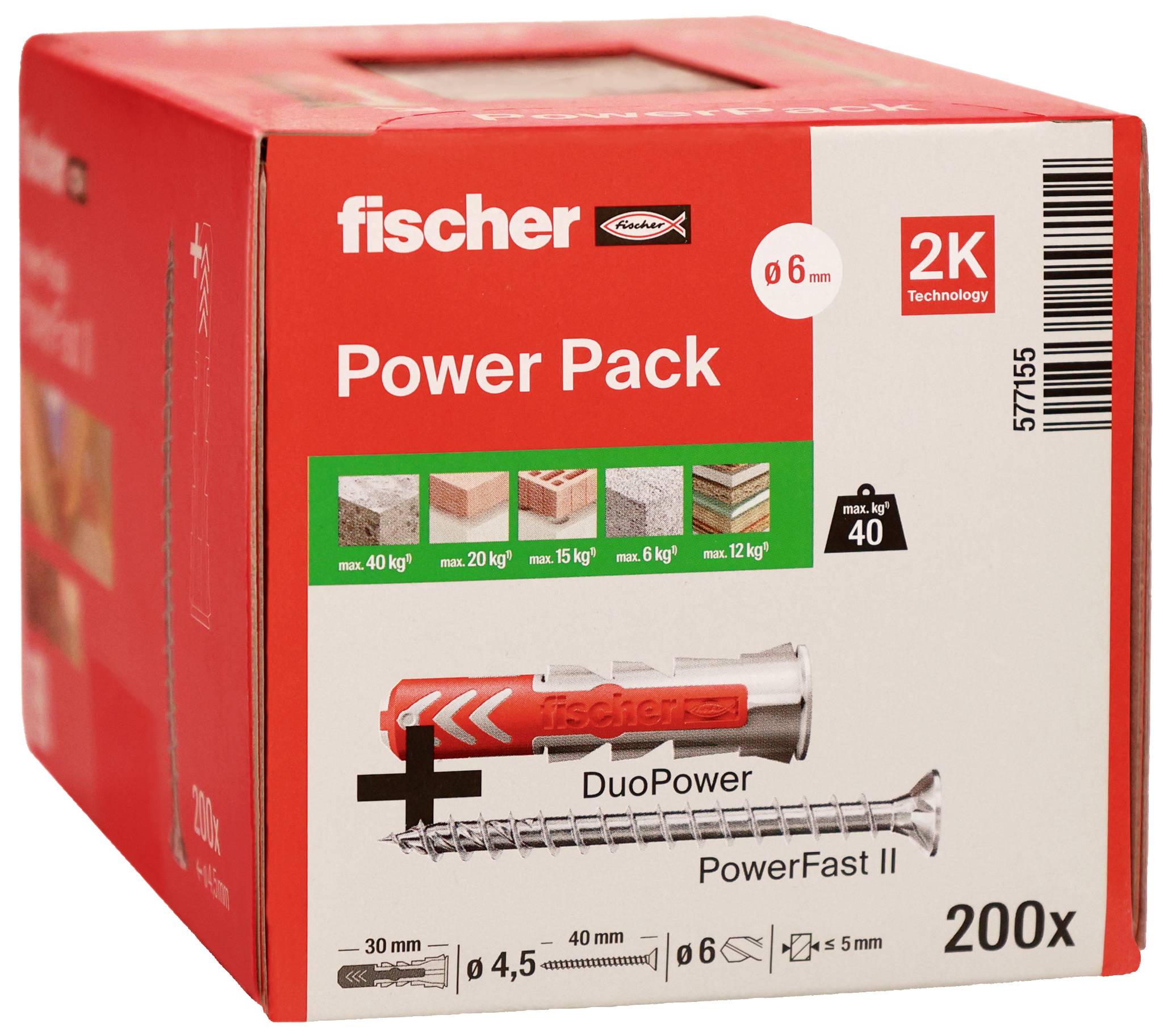 Rote Fischer "Power Pack" Box mit 200 DuoPower und PowerFast II Dübeln, zeigt Größe 6 mm und 2K-Technologie.