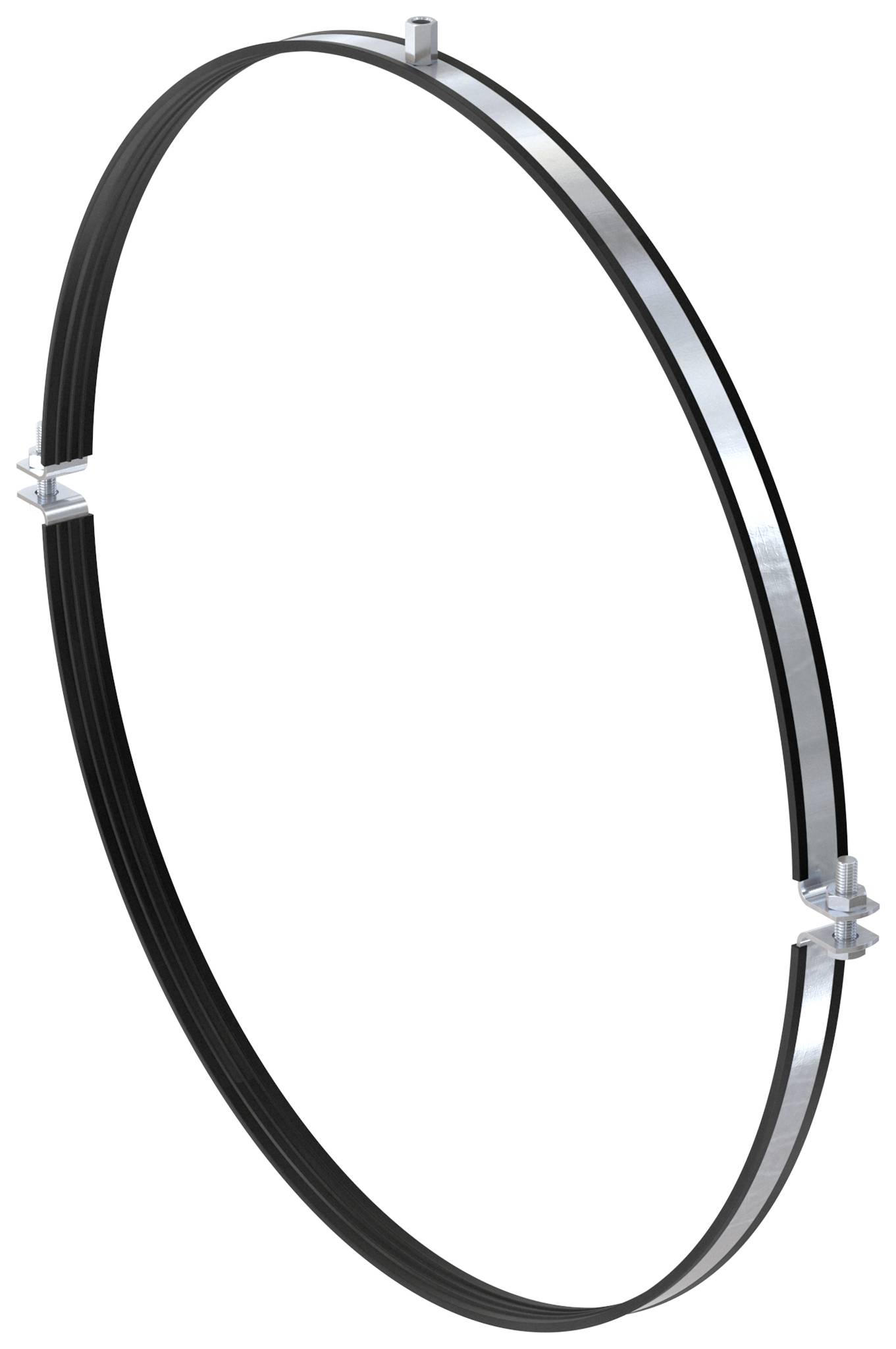Metallische Schelle oder Ring mit zwei silbernen Spannbügeln auf weißem Hintergrund.