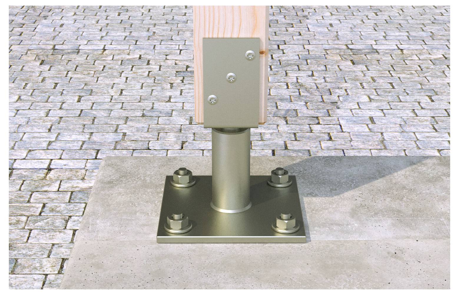 Metallischer Pfosten mit Befestigung auf einer Betonsockel mit vier Bolzen, aufgestellt auf einer Steinflächenpflasterung.