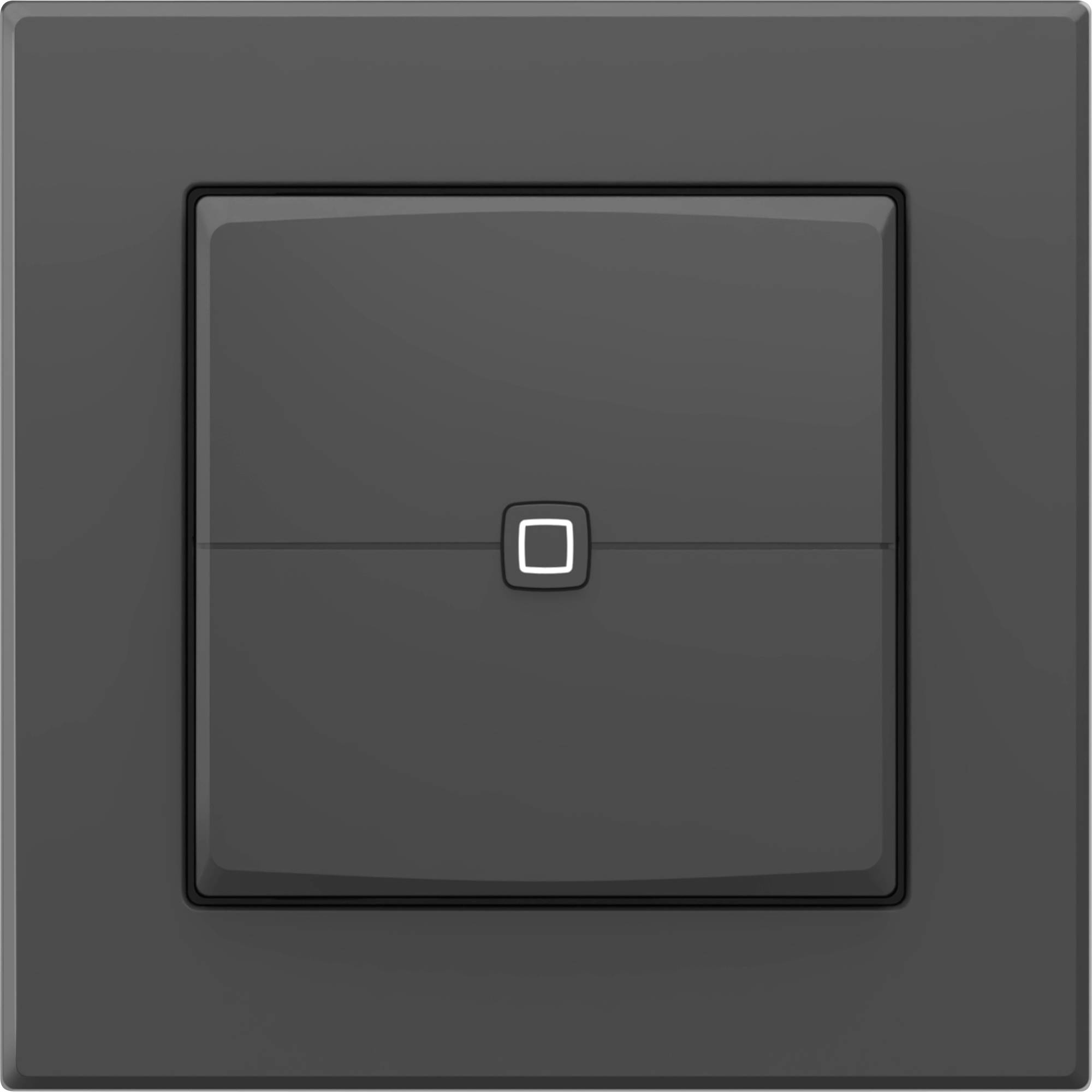 Dunkelgraues quadratisches Wandschalter- oder Kontrollfeld mit einem kleinen zentrierten Schaltflächensymbol.
