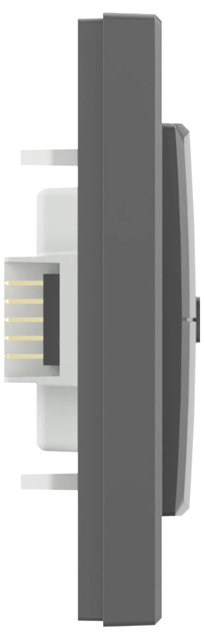 Seitenansicht einer wandmontierten elektrischen Vorrichtung oder eines Steckers, dargestellt in Grau mit einer hervorstehenden steckerartigen Komponente.