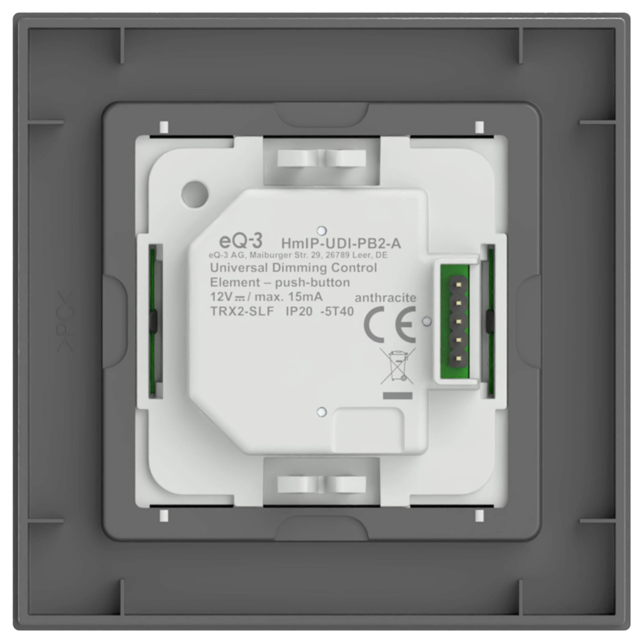 Nahaufnahme eines grauen EQ-3 HmiP-UDI-PB2-A Universal-Dimm-Steuermoduls, das in einer Wandplatte montiert ist, mit sichtbarem gedrucktem Produktetikett und Anschlüssen.