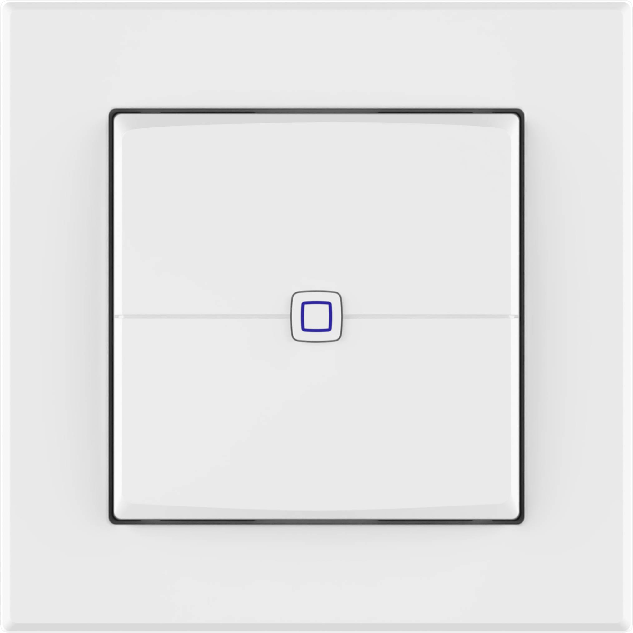 Weißer quadratischer Wandschalter mit einem kleinen, blau umrandeten mittleren Knopf auf hellgrauem Hintergrund.