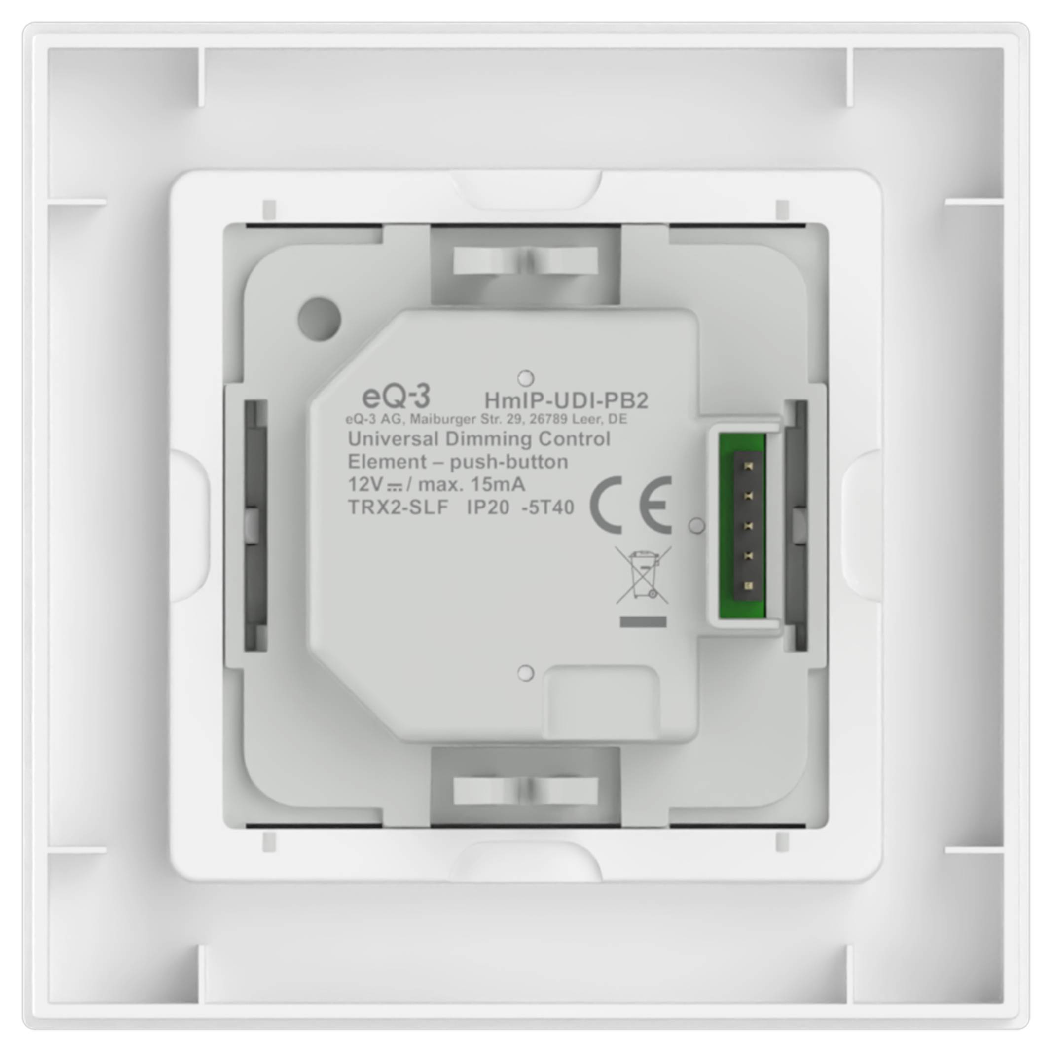 Wandmontiertes elektrisches Dimmersteuermmodul mit der Bezeichnung "HmIP-UDI-PB2" mit Anschlussport und CE-Kennzeichnung.