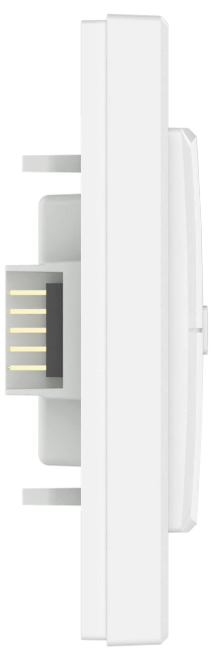 Seitenansicht eines weißen wandmontierten Lichtschalters mit einem dunkel beleuchteten Bedienfeld und horizontalen Anzeigebalken.