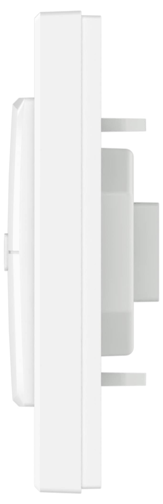Seitenansicht eines weißen rechteckigen wandmontierten Geräts, wahrscheinlich ein Thermostat oder Sensor, das sein schlankes Profil und die Montageklammer zeigt.