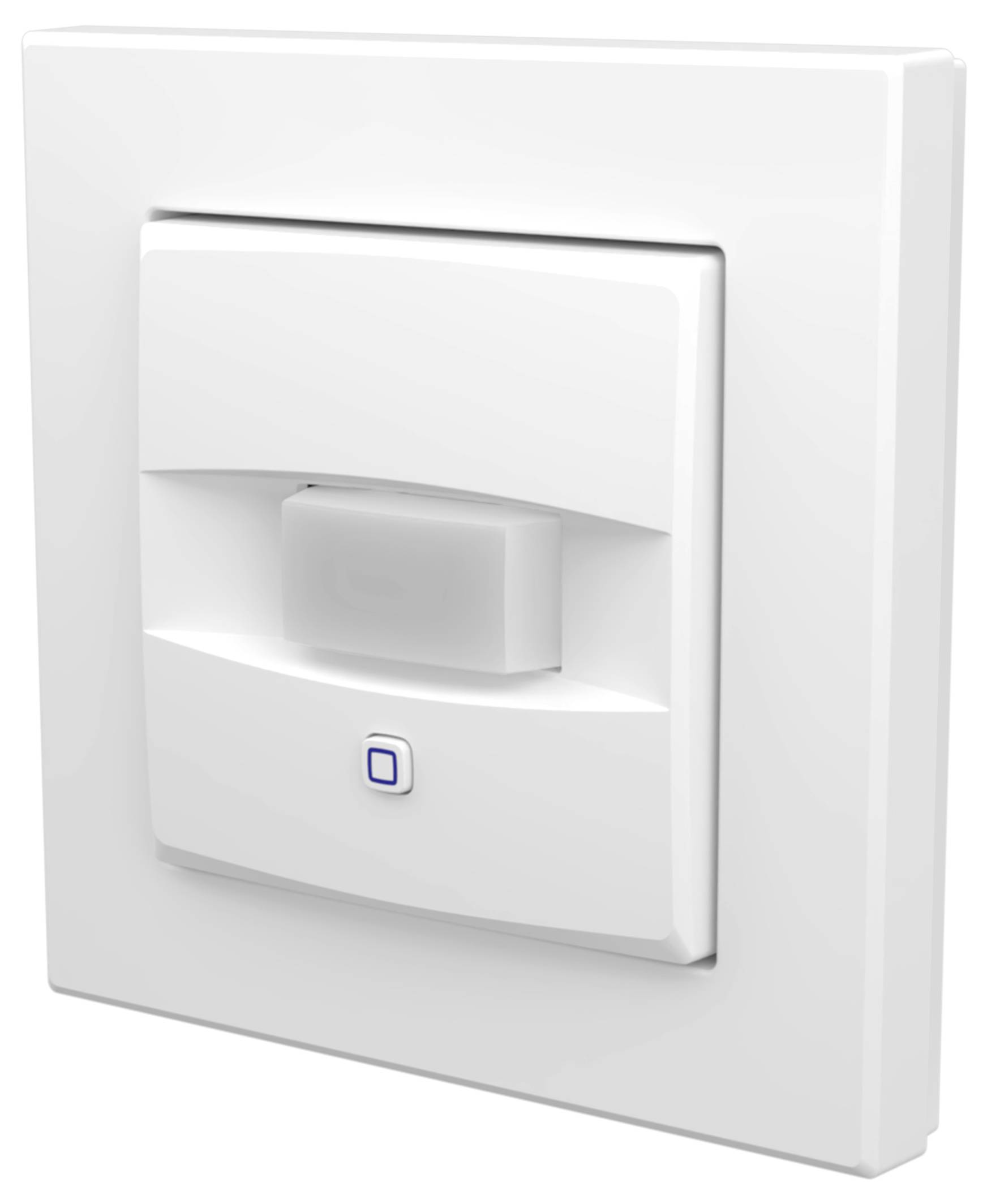 Weißer wandmontierter Bewegungsmelder auf einer quadratischen Elektroinstallationsplatte.