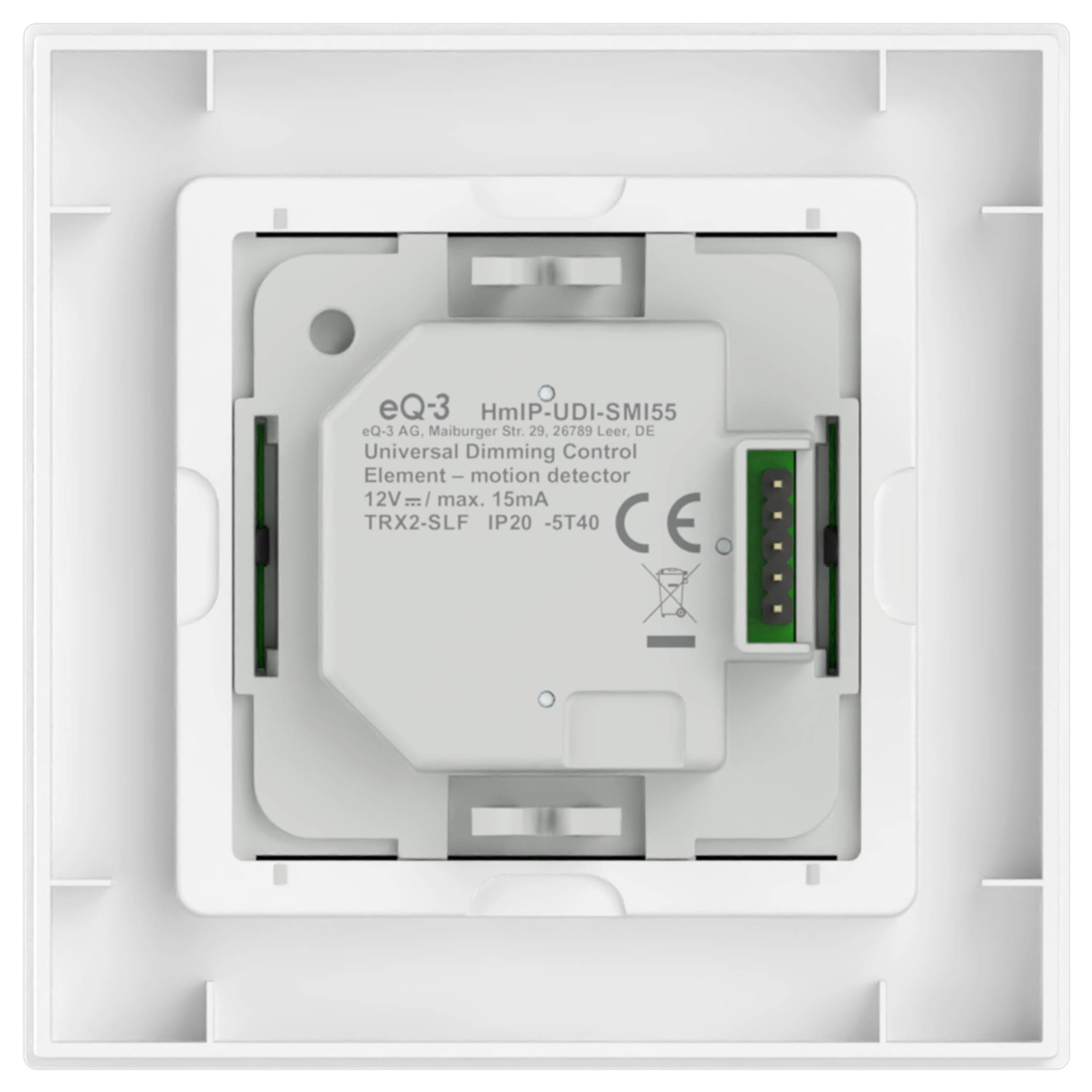 Rückansicht eines weißen eQ-3 HmIP-UDI-SM15 Universaldimmregler-Moduls in einem Quadratrahmen mit sichtbaren Anschlussklemmen und gedruckten Spezifikationen.