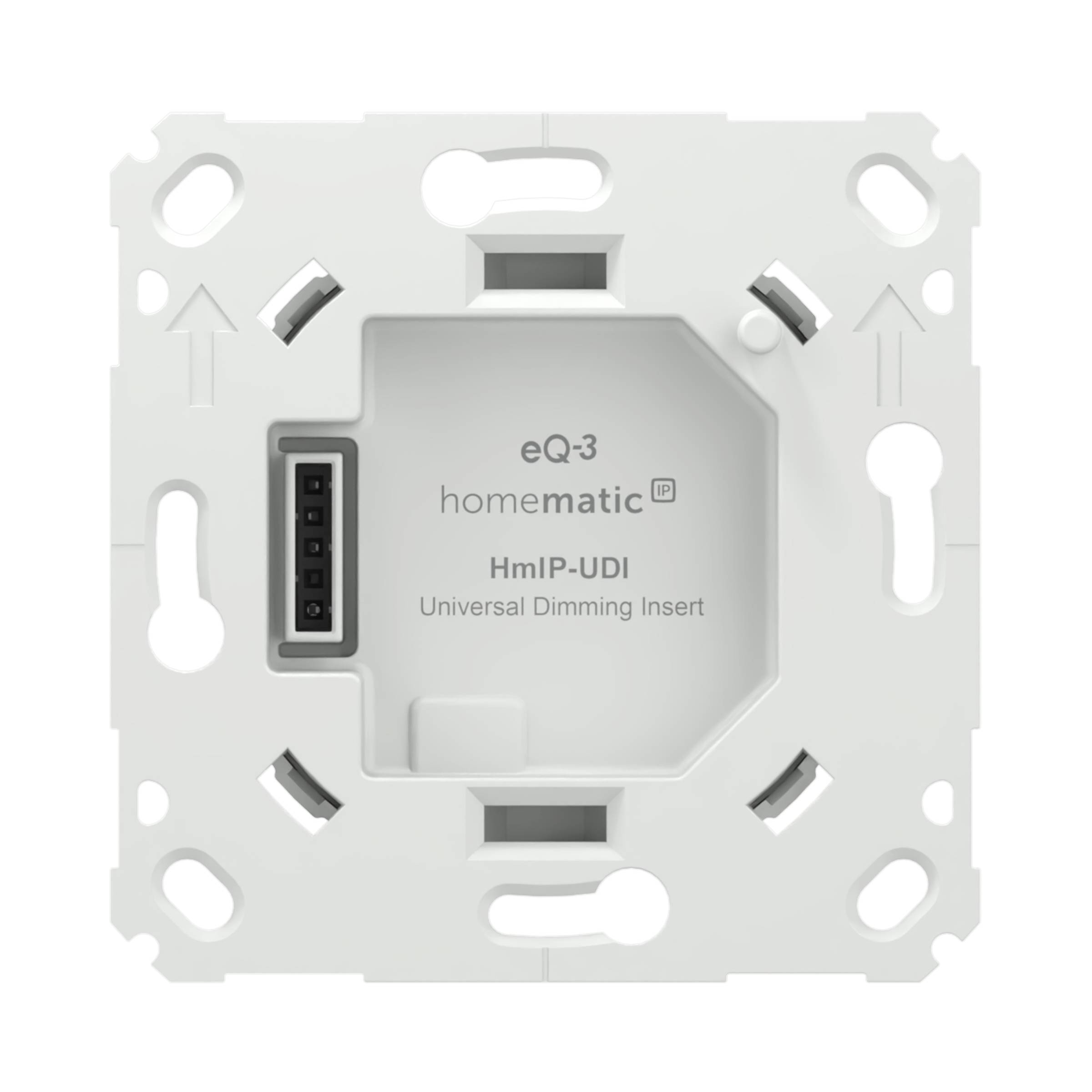 Quadratisches weißes eQ-3 Homematic HmIP-UDI Universaldimmereinsatzmodul mit Steckplätzen und Befestigungslöchern.