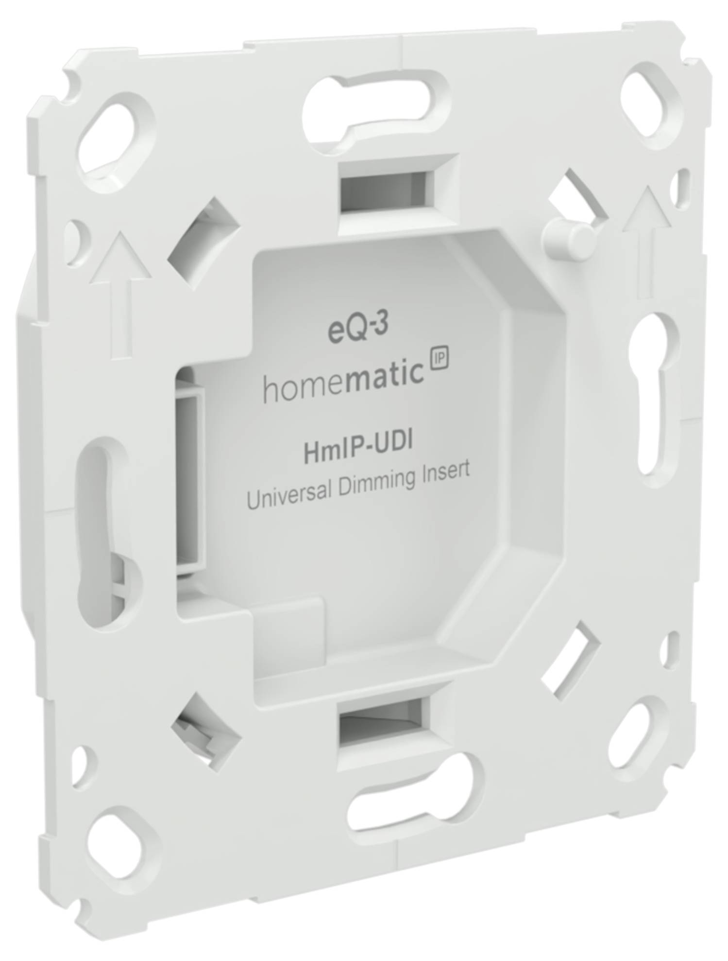 Weißes eQ-3 homematic HmIP-UDI Universal Dimmmodul auf einer Montageplatte frontal dargestellt.