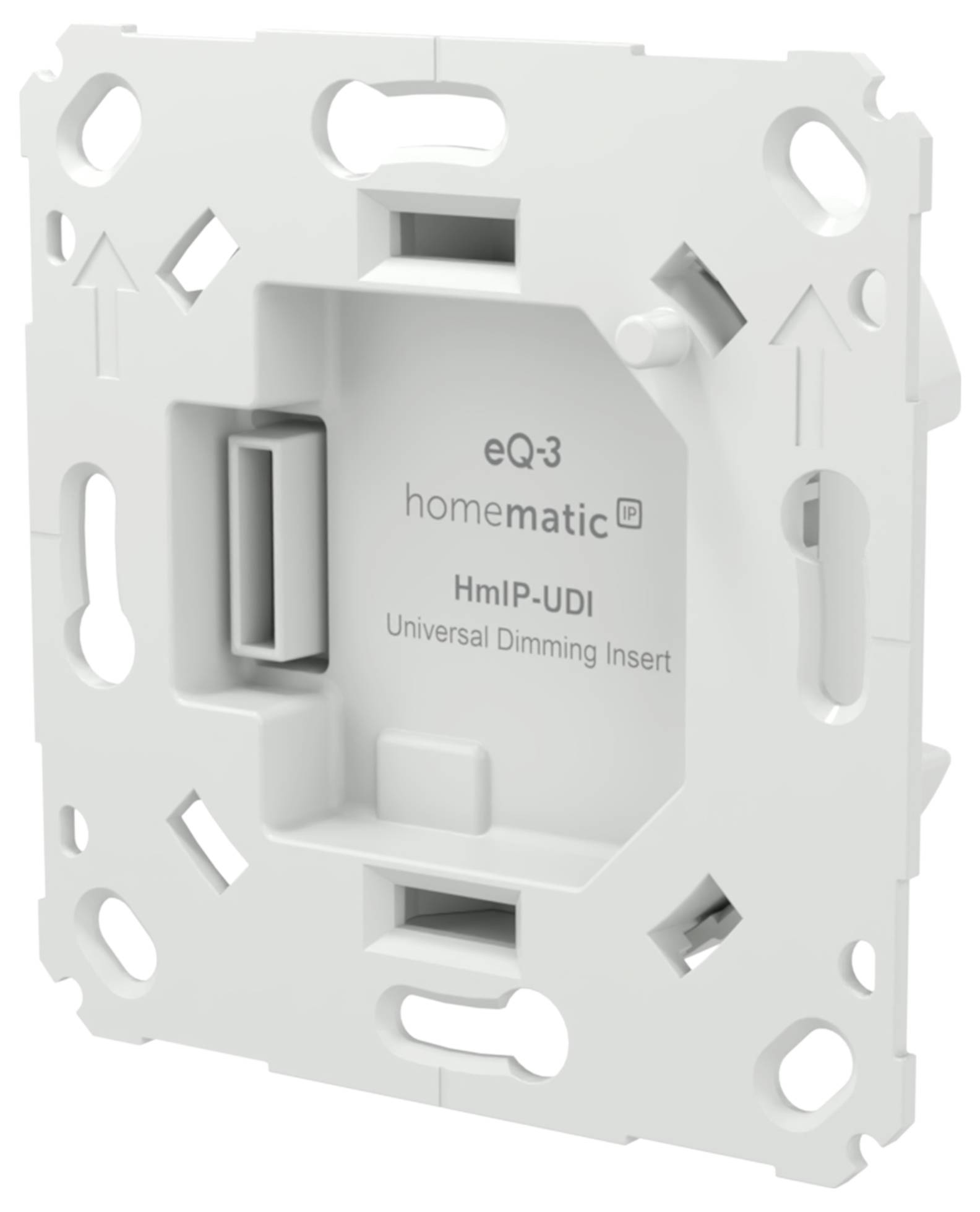 Weißes eQ-3 Homematic Universal-Dimm-Einsatzmodul mit Montagrahmen, mit der Bezeichnung „HmIP-UDI".