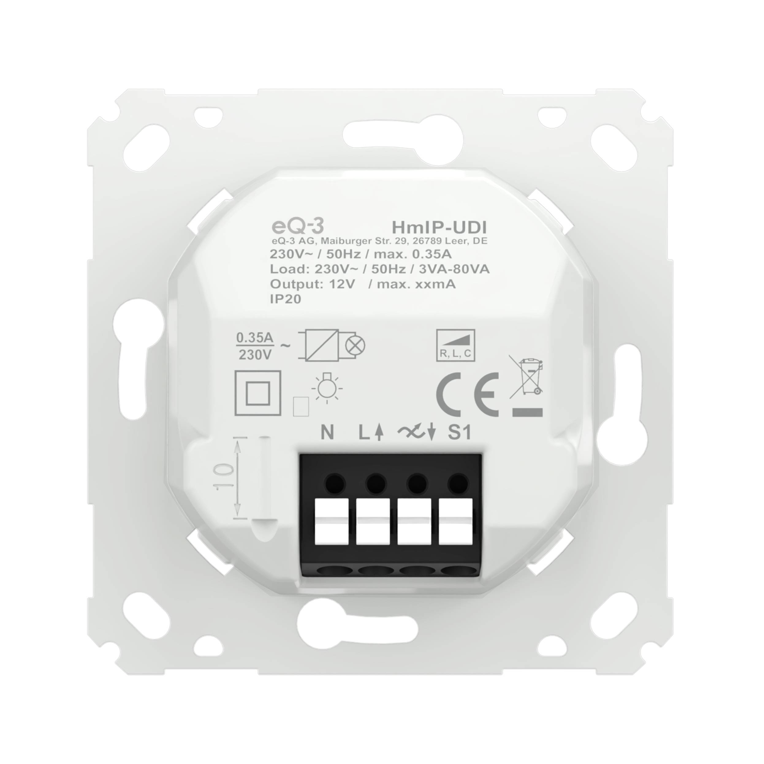 Weißes eQ-3 HmIP-UDI Wandmontage-Steuermodul mit vier Anschlussplätzen und gedruckten Verdrahtungsetiketten/Symbolen.