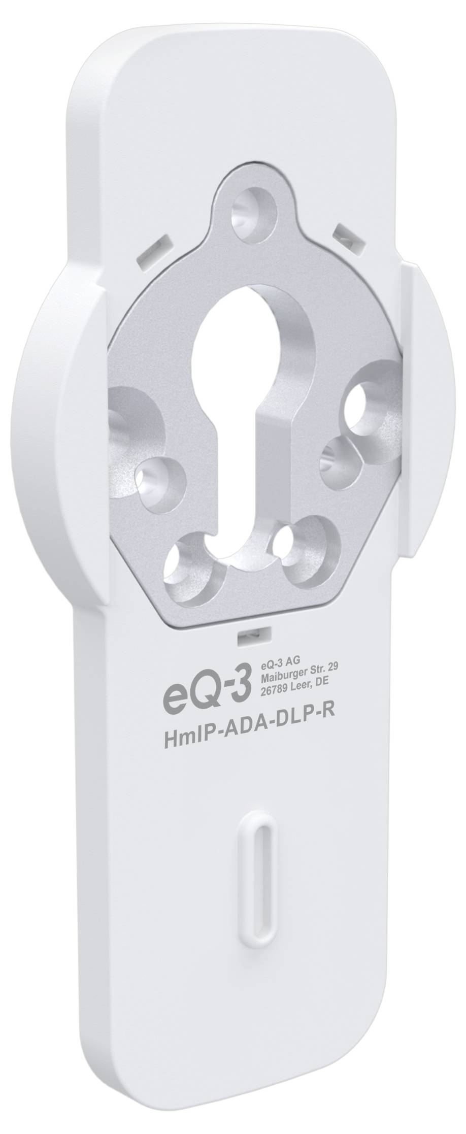 Weißes, an der Wand montiertes Gerät mit einer Metallhalterung und schlüssellochförmiger Öffnung, gekennzeichnet mit eQ-3 HMIP-ADA-DLP-R.