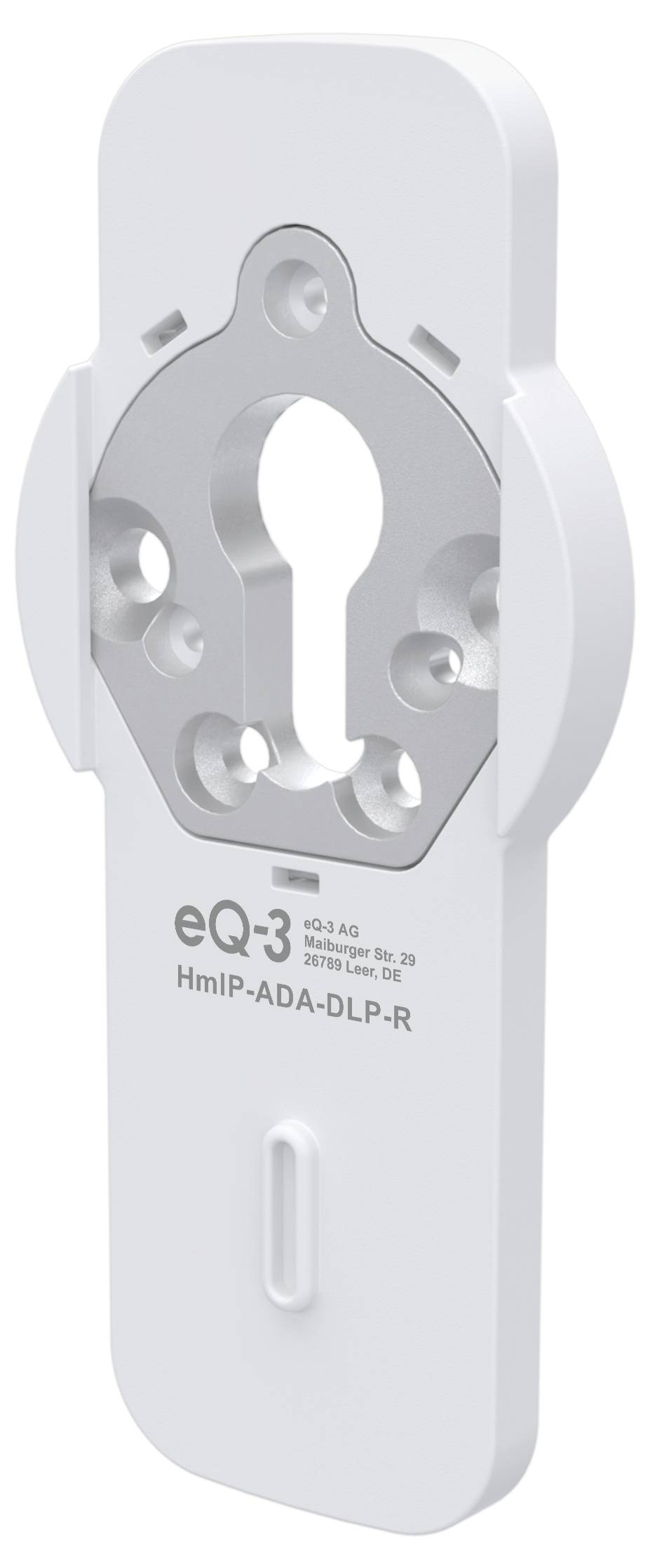 Weiße Schutzmontageplatte mit zentraler Schlüssellochöffnung und Metalleinsatz, beschriftet mit „eQ-3" und „HmIP-ADA-DLP-R".