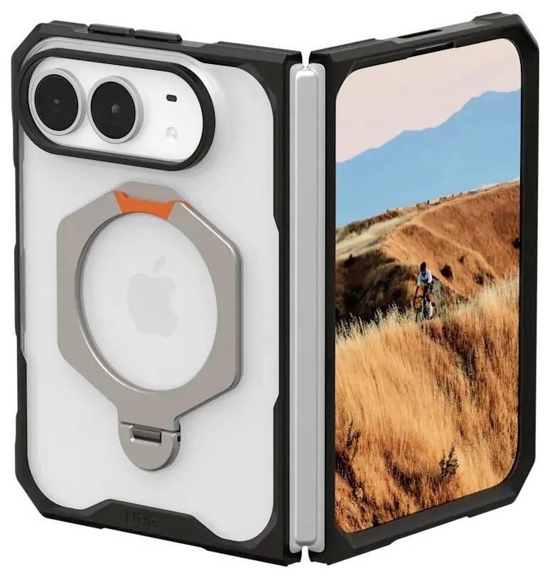 Faltbares Smartphone, offen angezeigt, mit robustem Etui und magnetischer Ringhalterung; rechter Bildschirm zeigt einen Radfahrer auf einem grasbewachsenen Bergpfad.