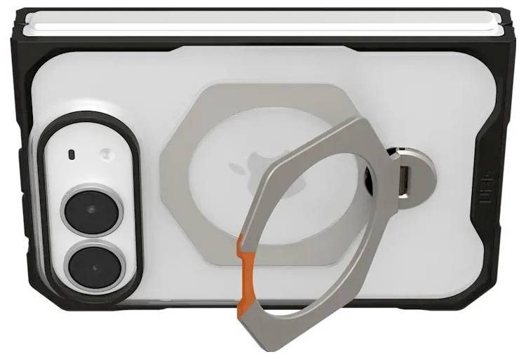 Schwarze und silberne Smartphone-Hülle mit integriertem Ringständer und erhöhtem Kameraglas-Schutz auf der Rückseite.