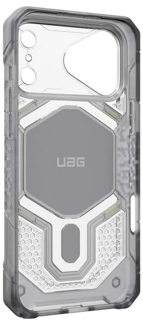 Durchsichtiges robustes UAG-Smartphone-Schutzhülle mit grauen Akzenten und sechseckigem Rückenpanel, frontal dargestellt.