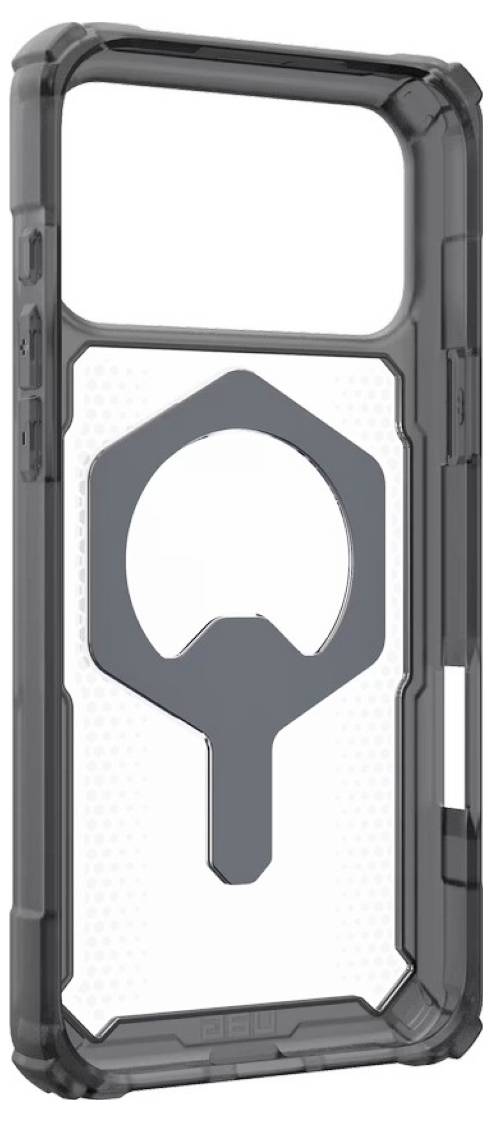 Schwarze robuste Handyhülle mit großem kreisförmigem Ring-Griff/Ständer in der Mitte auf einer weißen Rückseite.