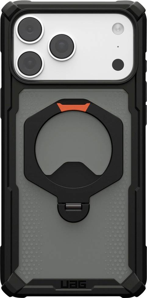 Schwarze UAG-Schutzhülle für robuste Telefone, shown auf der Rückseite eines iPhones mit drei Kameraobjektiven und einer kreisförmigen magnetischen Ständerhalterung in der Mitte.