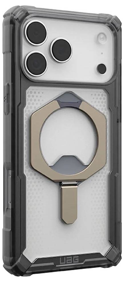 Transparente robuste Handyhülle mit integriertem Ringständer und erhöhtem Kameraschutz, abgebildet auf einem Smartphone.