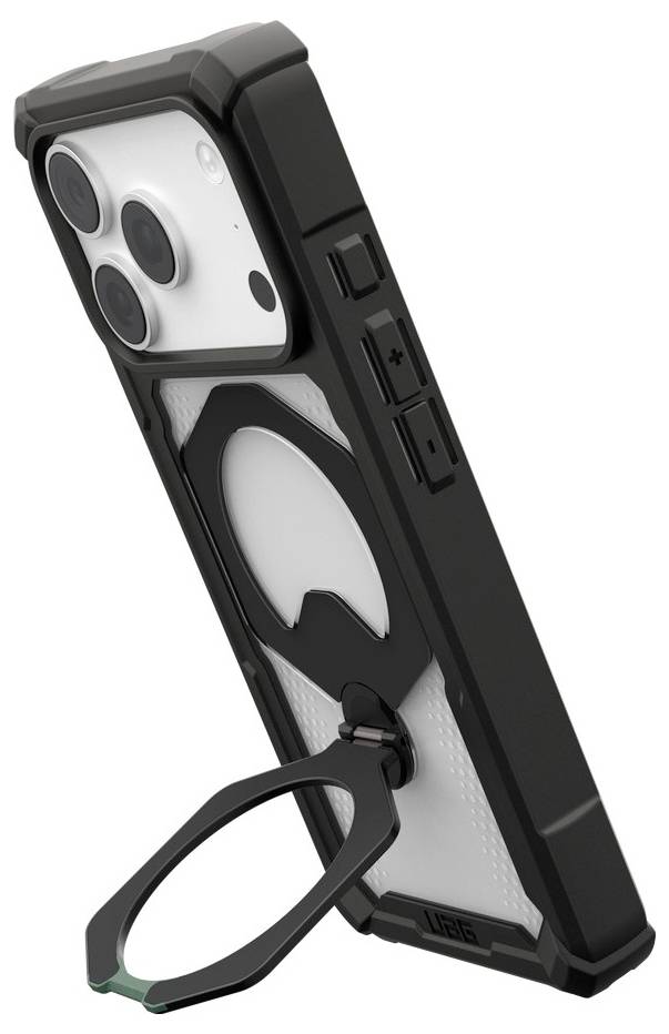 Schwarze Schutzhülle für Smartphone mit Dreifach-Kameraausschnitt und integriertem Ringständer/Riemen auf der Rückseite.