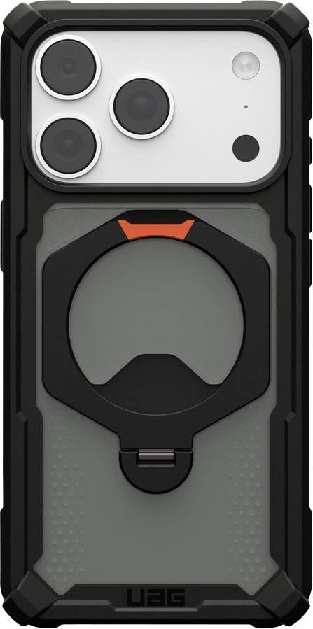 Robuste schwarze iPhone-Hülle mit integriertem rundem MagSafe-ähnlichem Griff/Ständer und Dreifach-Kameraausschnitt.