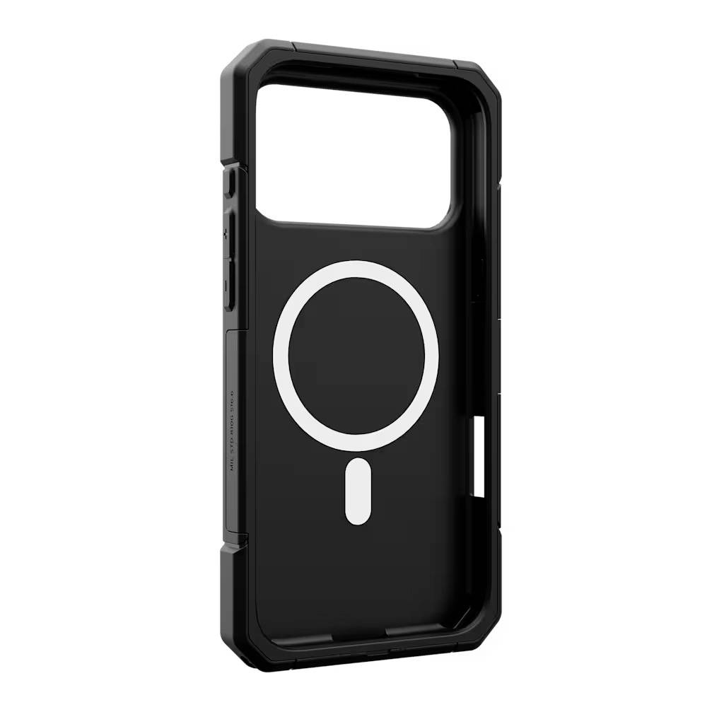 Schwarze Smartphone-Hülle mit großem weißem MagSafe-Laderingel und Ausrichtungsmarkierung, gezeigt auf einfachem weißem Hintergrund.