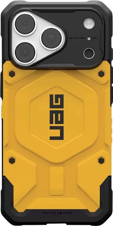 Robustes orangefarbenes UAG-Handycover mit schwarzen verstärkten Ecken und großem Ausschnitt für Dreifach-Kamera oben.