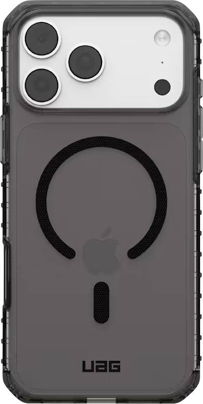 Durchsichtige Handyhülle mit sichtbarem iPhone-Logo und MagSafe-Ring, mit erhöhten Kameraausschnitten und UAG-Branding am unteren Ende.