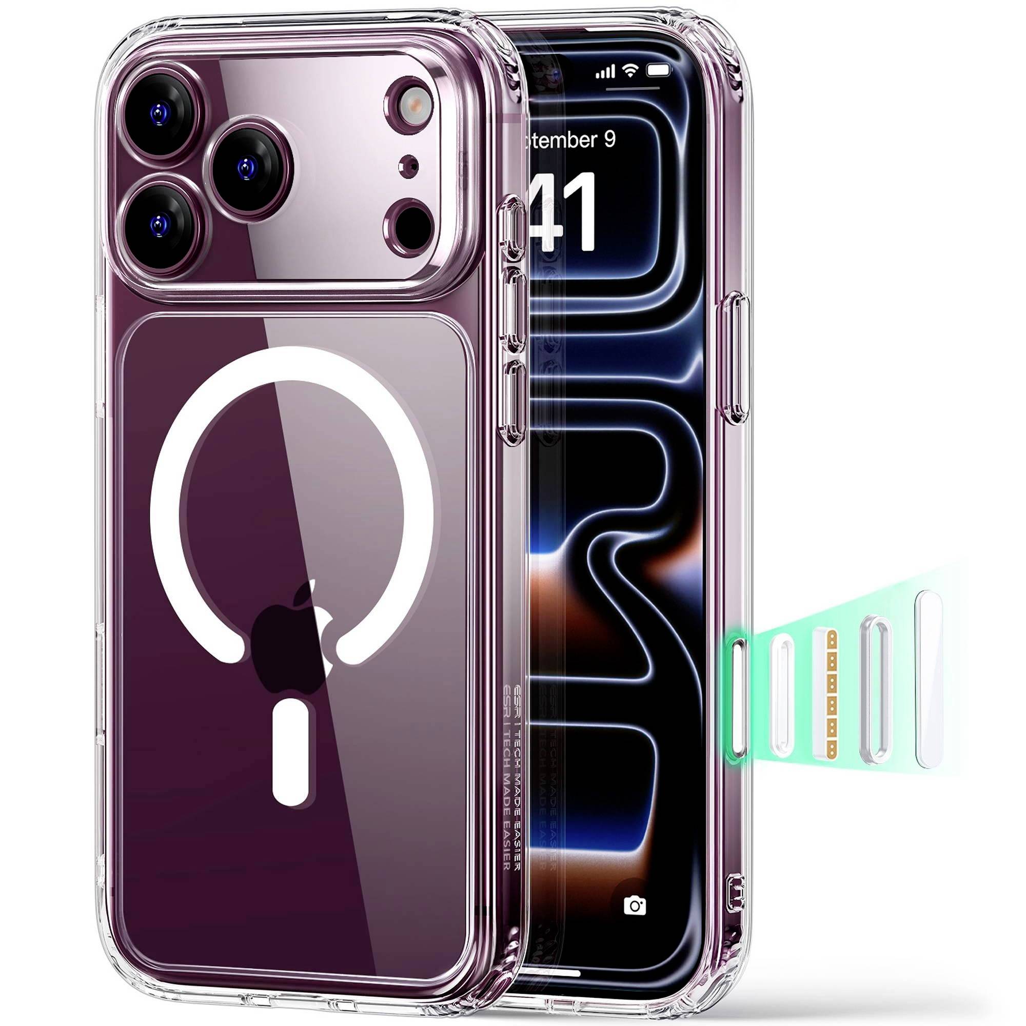 Zwei transparente Handyhüllen, von vorne und hinten dargestellt, für ein iPhone, eine in Lila mit einem MagSafe-Ringdesign und Kameraausschnitten.