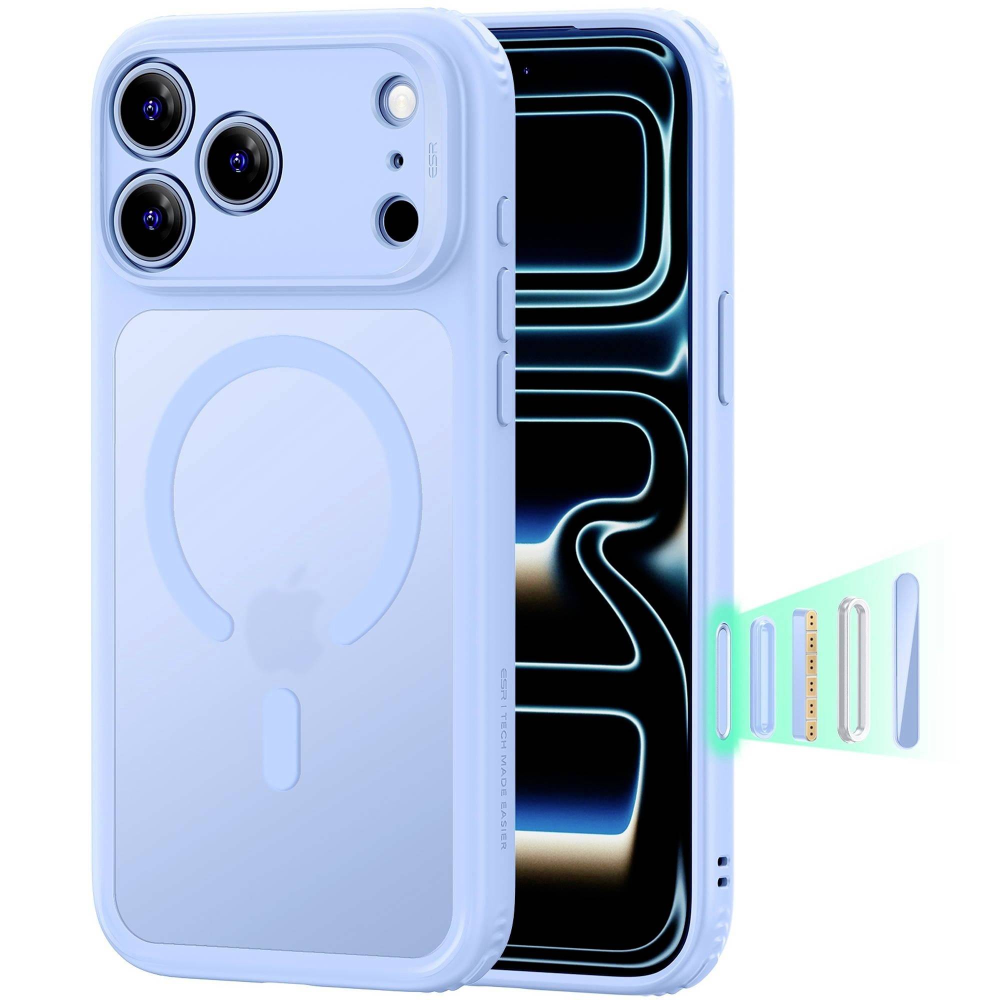 Hellblaues Smartphone gezeigt von vorne und hinten mit einem MagSafe-ähnlichen runden Ladegerät auf der Hülle und dreifacher Hintergrundkamera.