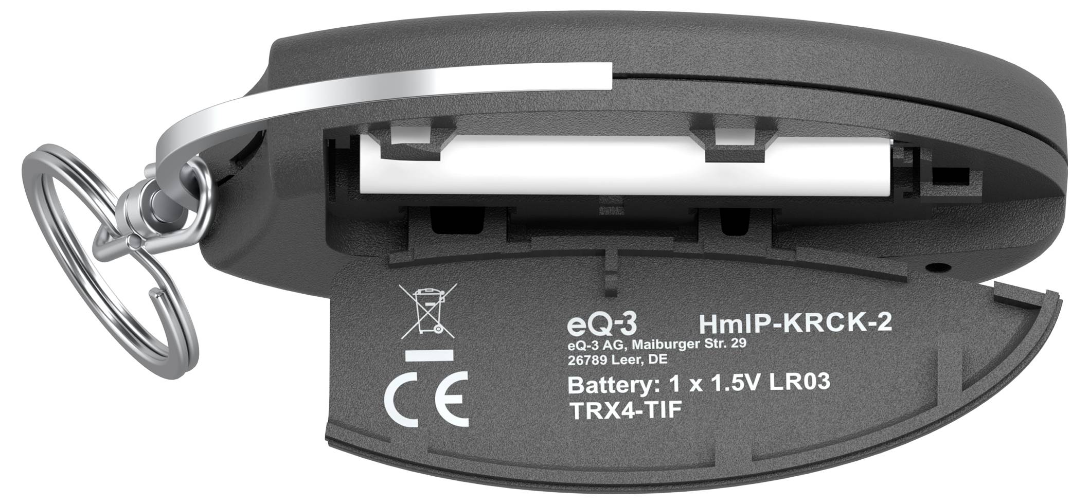 Offener schwarzer Schlüsselanhänger mit geöffnetem Batteriefach, das eine austauschbare 1x 1,5V LR03 Batterie und aufgedruckte CE-Kennzeichnung zeigt.
