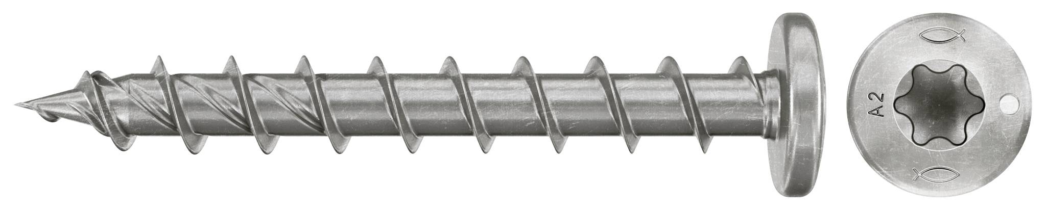 Metallschraube mit spitzer Spitze und breitem Kopf in Seitenansicht, mit einer Nahaufnahme des Torx-ähnlichen Antriebskopfes mit der Bezeichnung A2.