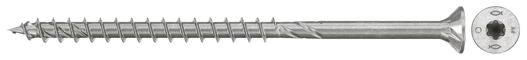 Eine silberne Metallschraube mit flachem Kopf, horizontal auf weißem Hintergrund gezeigt.