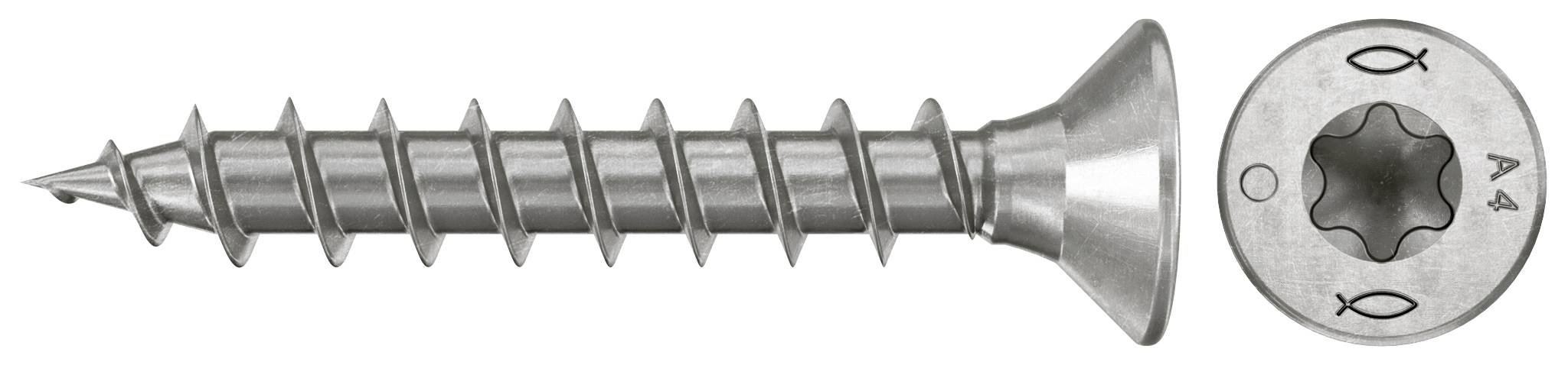 Eine silberne Torx-Kopf-Holzschraube, horizontal dargestellt, mit scharfer Spitze und versenktem flachen Kopf, bezeichnet mit A4.