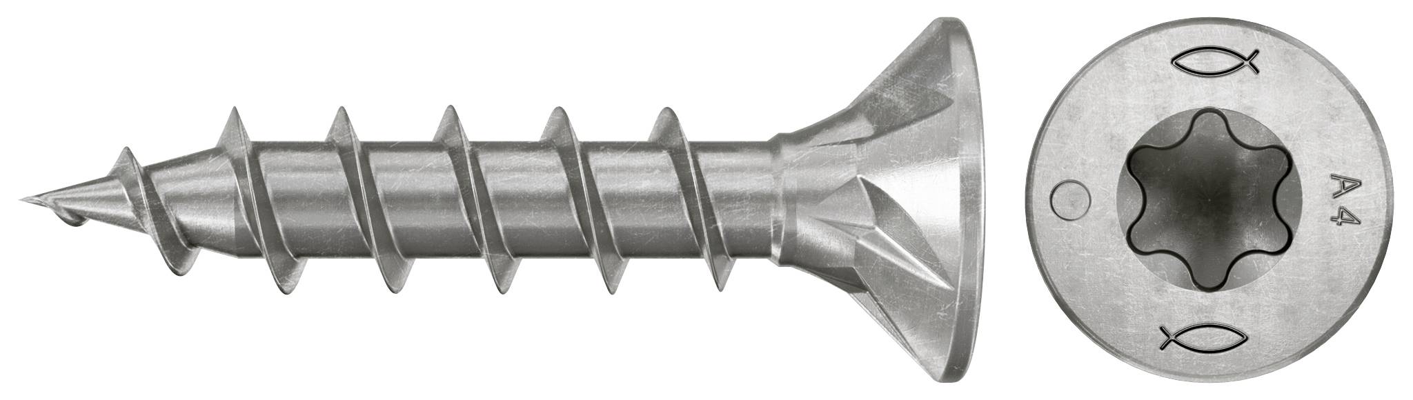 Zwei Ansichten einer Metallschraube: eine Senkkopfschraube mit Gewinde auf der linken Seite und ihr Sternantrieb auf der rechten Seite, gekennzeichnet mit A4.