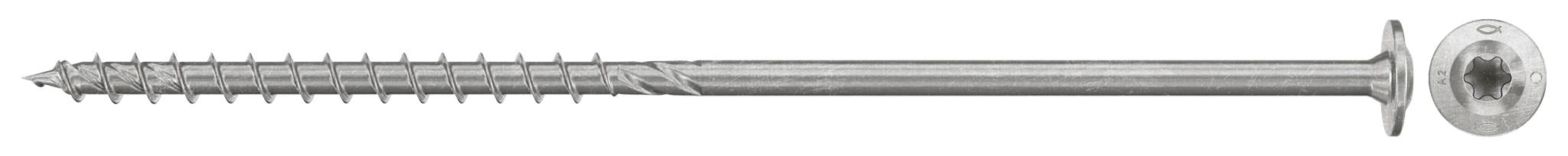 Ein Metallschneckenbohrer mit langem Gewellschaft und rundem Antriebskopf, dargestellt neben einer kleinen kreisförmigen Endansicht.