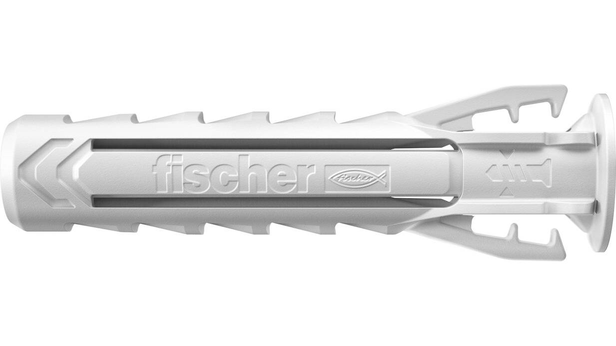 Weißer Kunststoff-Wandanker mit Rippen und dem eingeprägten Wort „fischer" auf der Seite, auf einem neutralen Hintergrund abgebildet.