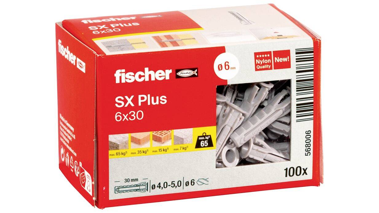 Red Fisher SX Plus 6x30 Wandstecker-Box mit Fenster, das graue Kunststoffanker zeigt; gekennzeichnet mit „100x" und „Nylon Neu!"