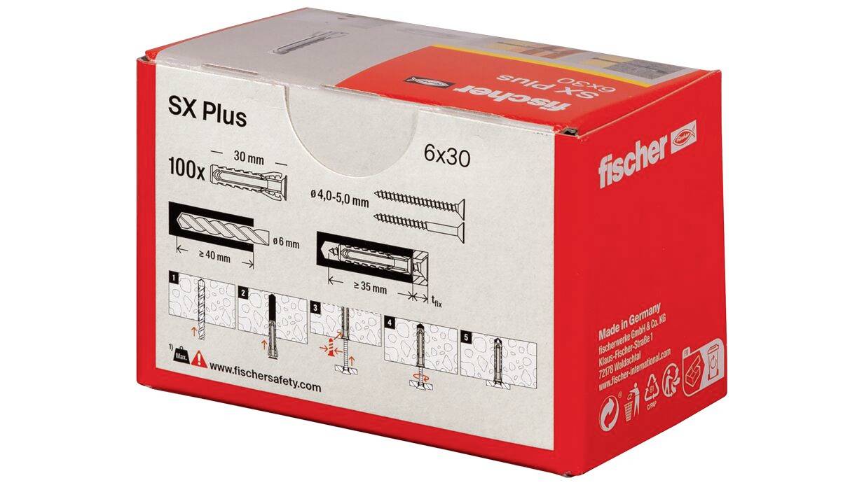 Rote und weiße Fischer SX Plus Wandstecker-Box mit Bezeichnung "6x30" und "100x", mit Diagrammen, die Installation und Bohrlochgrößen zeigen.
