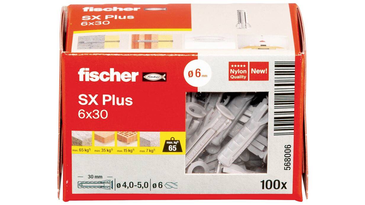 Karton mit Fischer SX Plus 6x30 Nylon-Dübeln, mit einem Fenster, das graue Anker zeigt und mit 100x beschriftet ist.