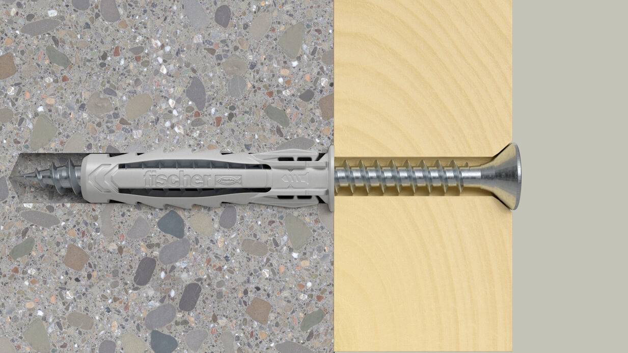 Nebeneinander angeordnete Illustration eines Wandsteckers in Beton und einer Schraube in Holz, die zeigt, wie ein Befestigungselement in Mauerwerk und Holz verankert wird.