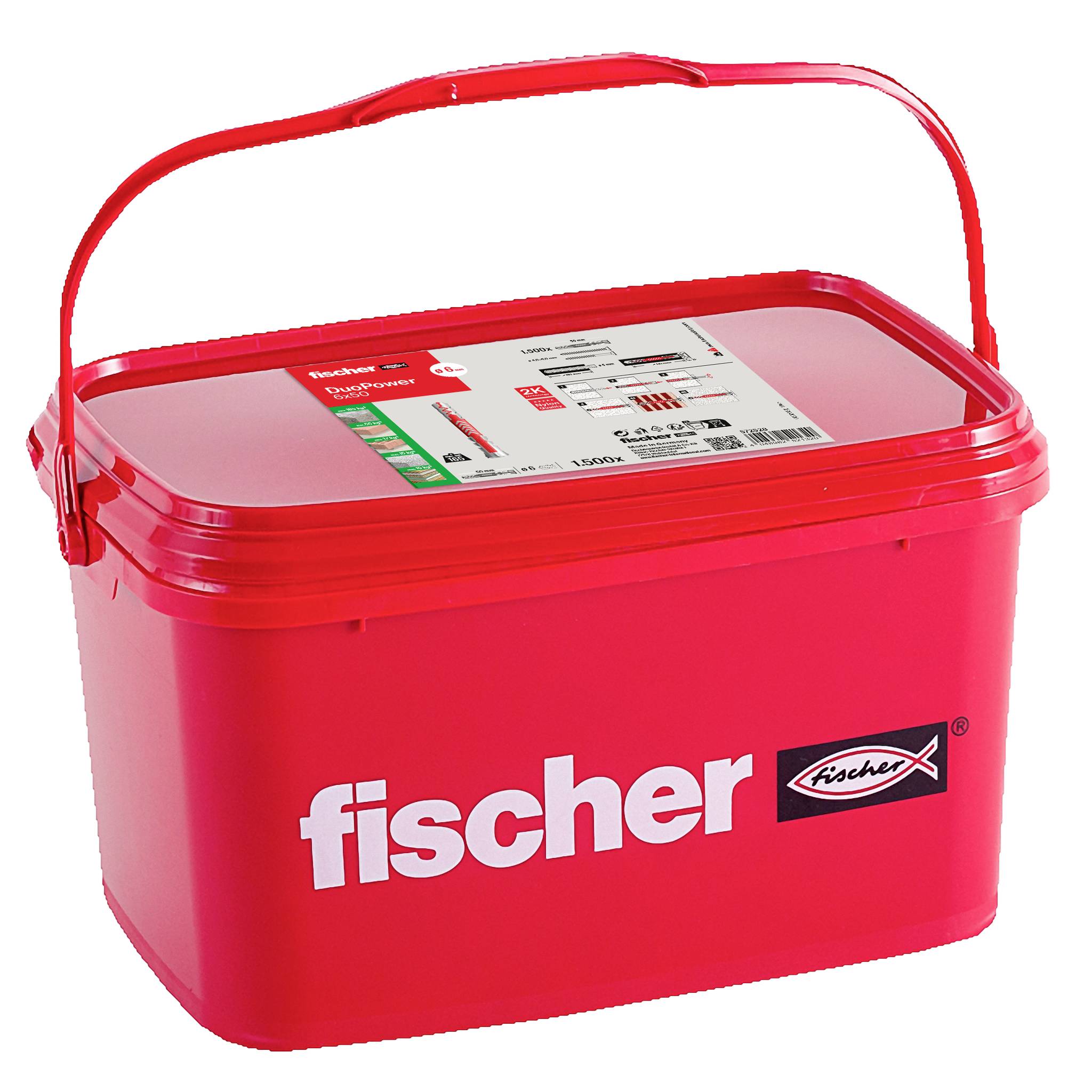 Roter Kunststoff-Lagerbehälter mit Griff und Deckel, markengebrandmarkt als 'fischer', dargestellt als Produktverpackung.