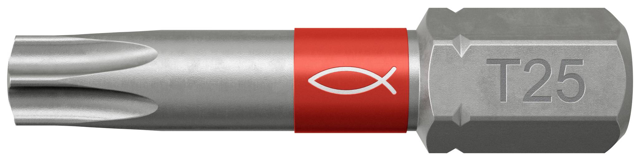 Nahaufnahme eines T25-Torx-Bits mit silbernem Schaft, rotem Ring und grauem Sechskantschaft mit der Beschriftung "T25".