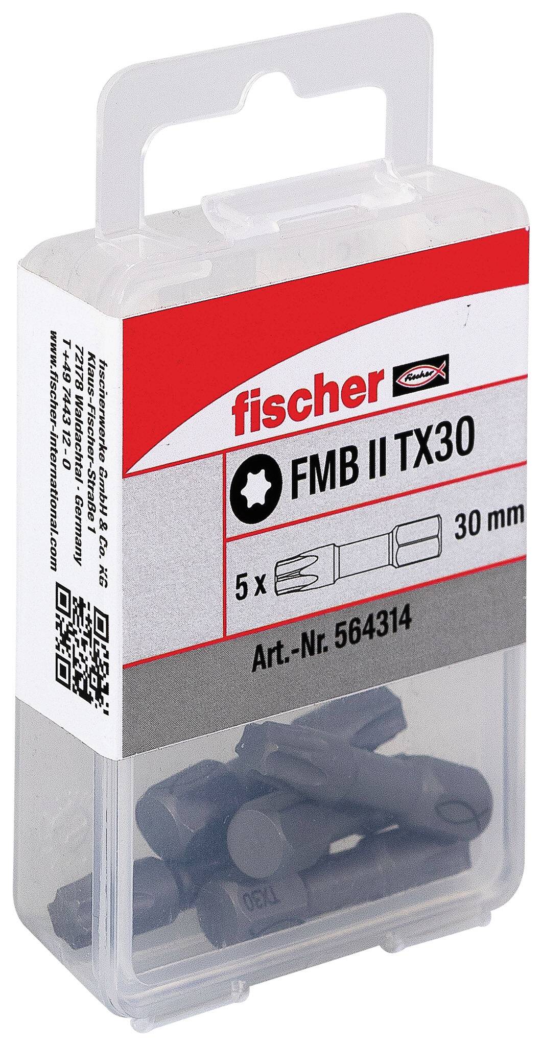 Klare Kunststoffbox mit Fischer FMB II TX30 Befestigungselementen, beschriftet mit '5 x' und '30 mm', mit Teilenummer 564314.