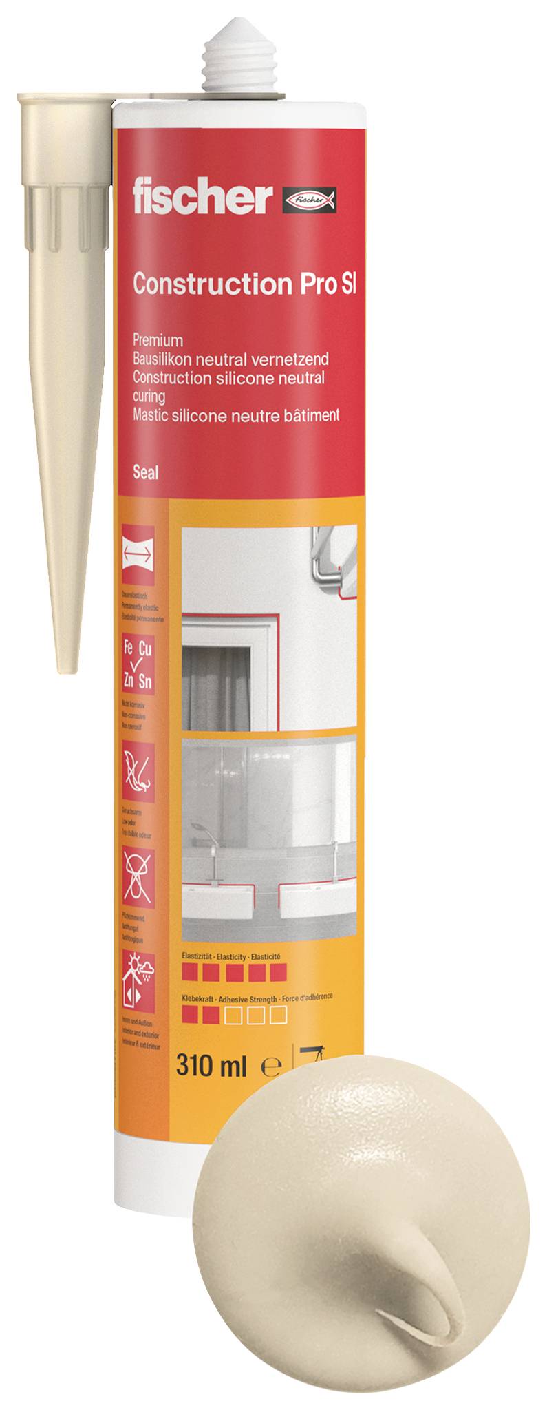 Ein Tube Fischer Construction Pro S Dichtstoff mit Düsenkappe, aufrecht dargestellt in rot-orange-weißer Verpackung mit der Bezeichnung 310 ml.
