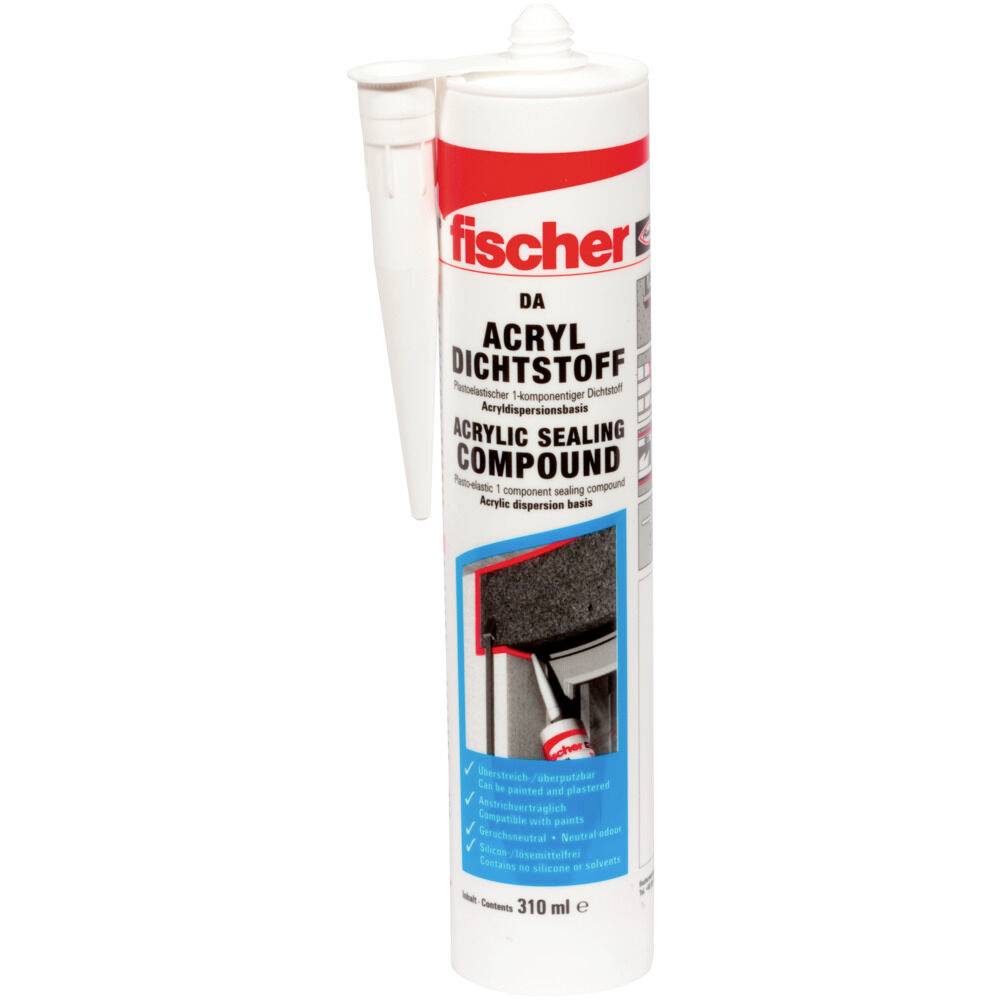 Weiße Kartusche mit Fischer-DA-Acryl-Dichtstoff und angebrachter Düse, mit der Bezeichnung 310 ml.