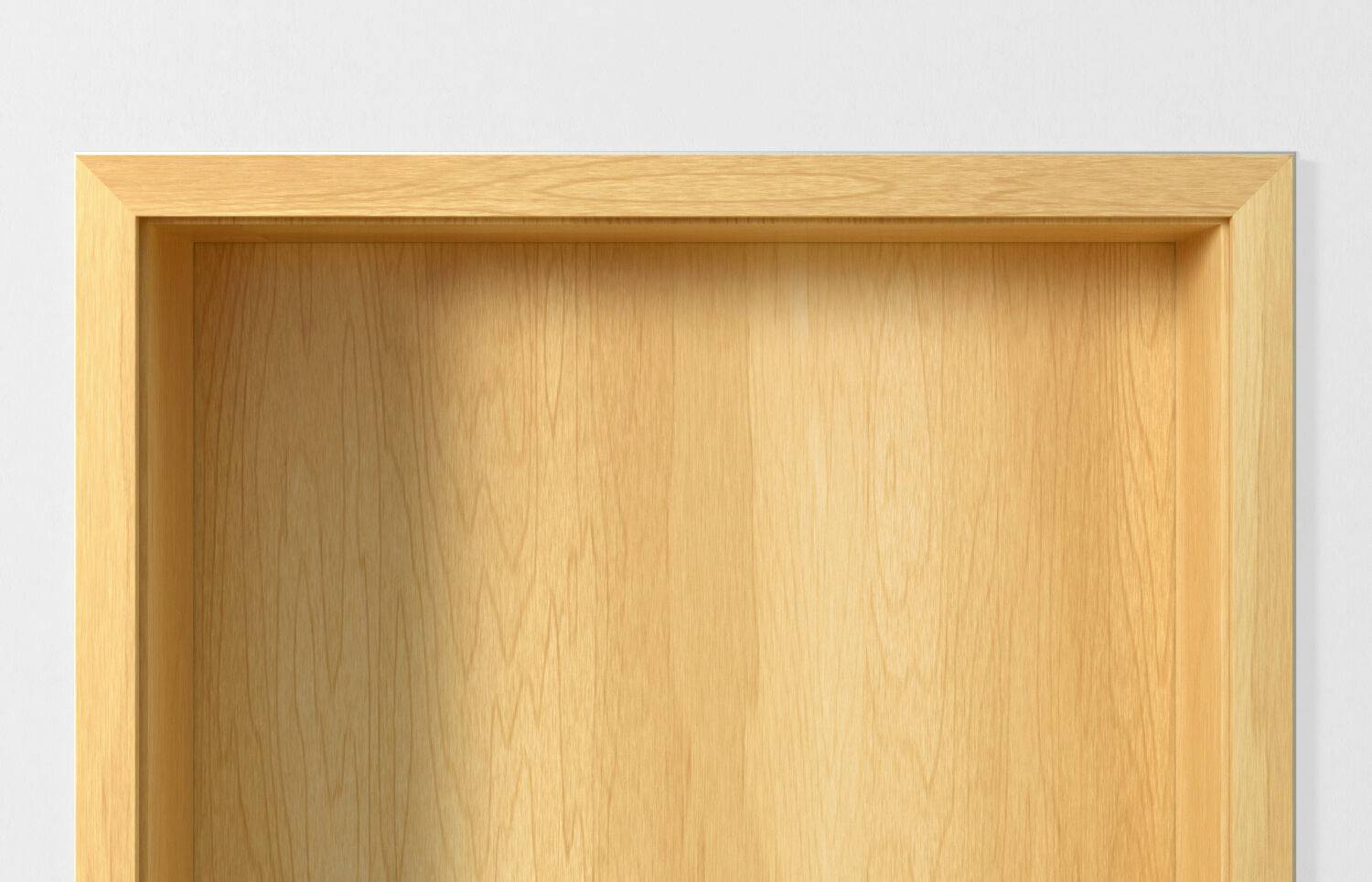 Leerer Bilderrahmen oder Kasten aus hellem Holz mit vertieftem Innenraum auf weißem Hintergrund.